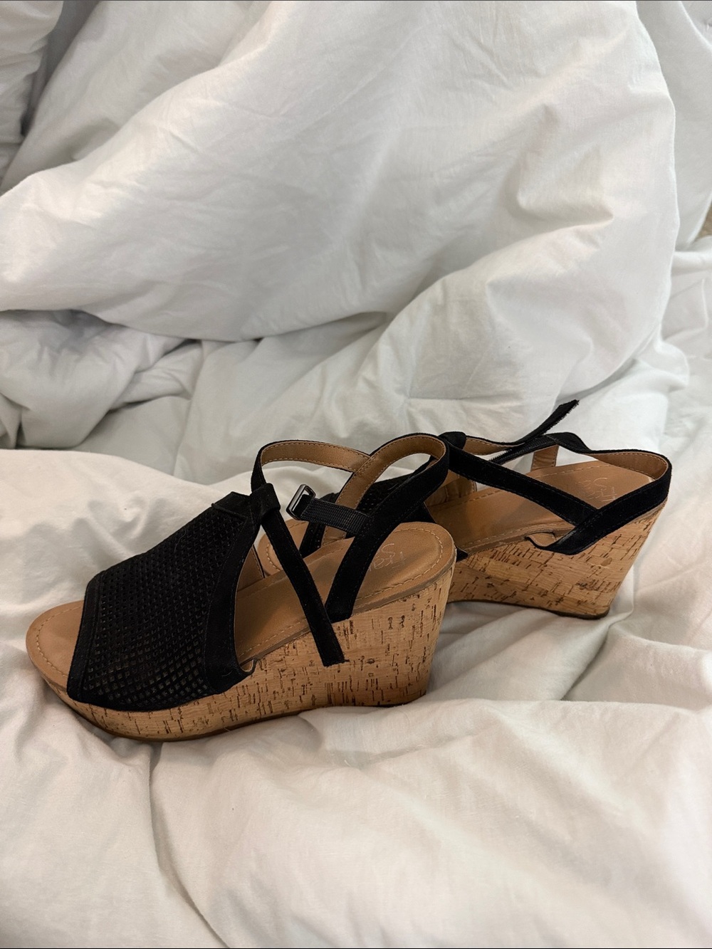 Franco Sarto Black Suede Open-Toe Wedge Sandals with Ankle Tie - Picture 2 of 6